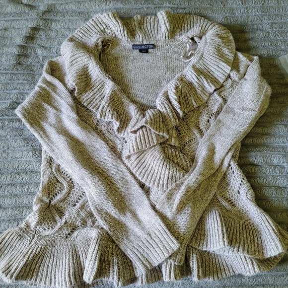 Covington Sweaters - Covington Size S Beige with gold threads Open Ruffle Cardigan